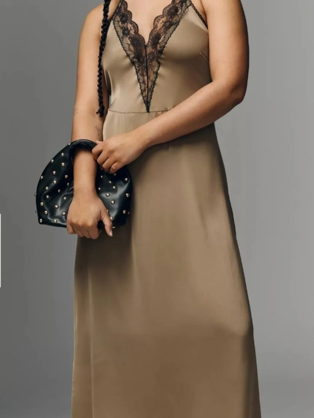 Anthropologie Taupe Slip Dress with Black Lace V-Neck